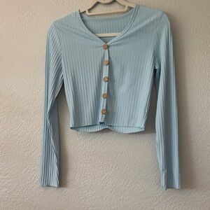 SHEIN Sky Blue Ribbed Button-Down Top